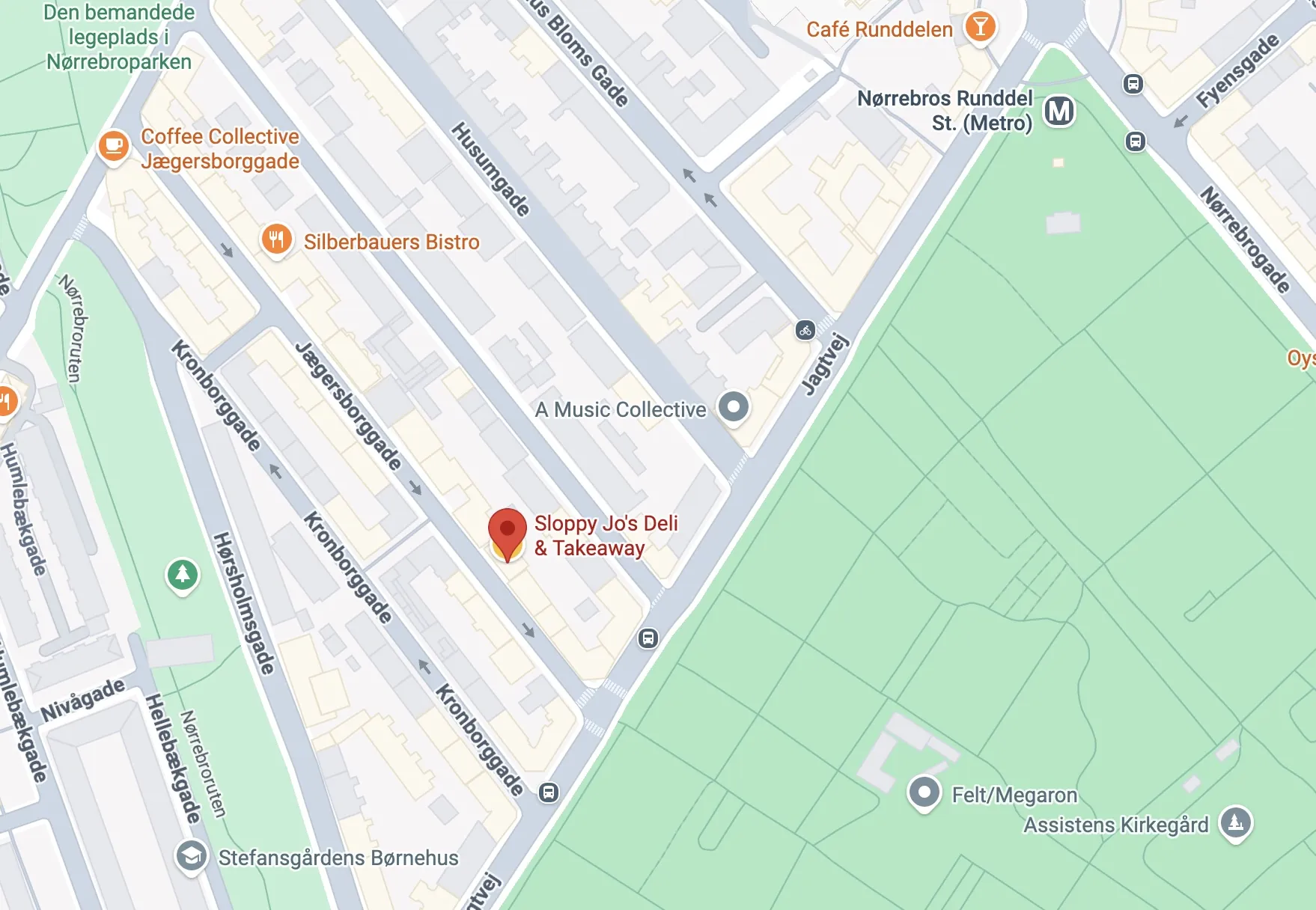Map showing Sloppy Jo's at Jægersborggade 10, Nørrebro, Copenhagen. Click to open directions in Google Maps